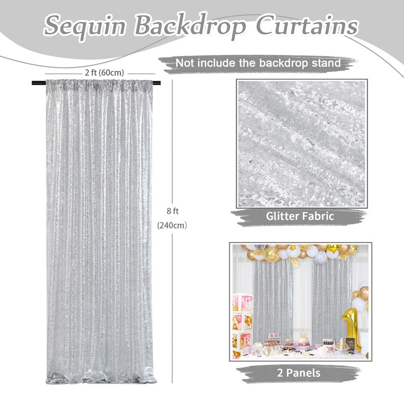 SoarDream Silver Sequin Backdrop Curtain Panels Stage 2 Pieces 2FTx8FT Sheer Silver Curtains Backdrop Photo Backdrop Curtains for Wedding Birthday Party Background Drapes Christmas Decorations - Image 2